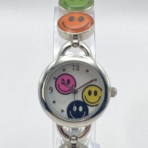 Accutime Smiley Face Women's Watch 24mm Silver Tone Rainbow New Battery 6.25"